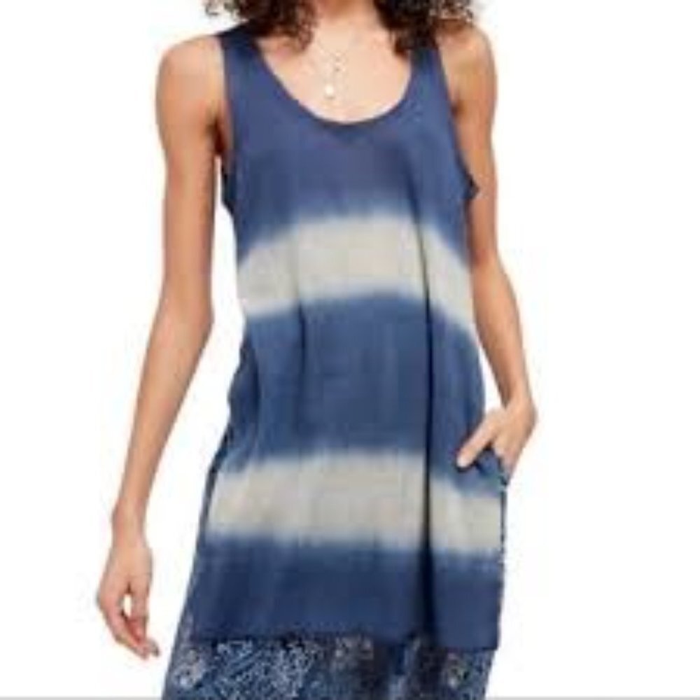 FREE PEOPLE "OUT TO SEA" CAMI TANK BLUE AND OFF WHITE COVER UP TUNIC SIZ…